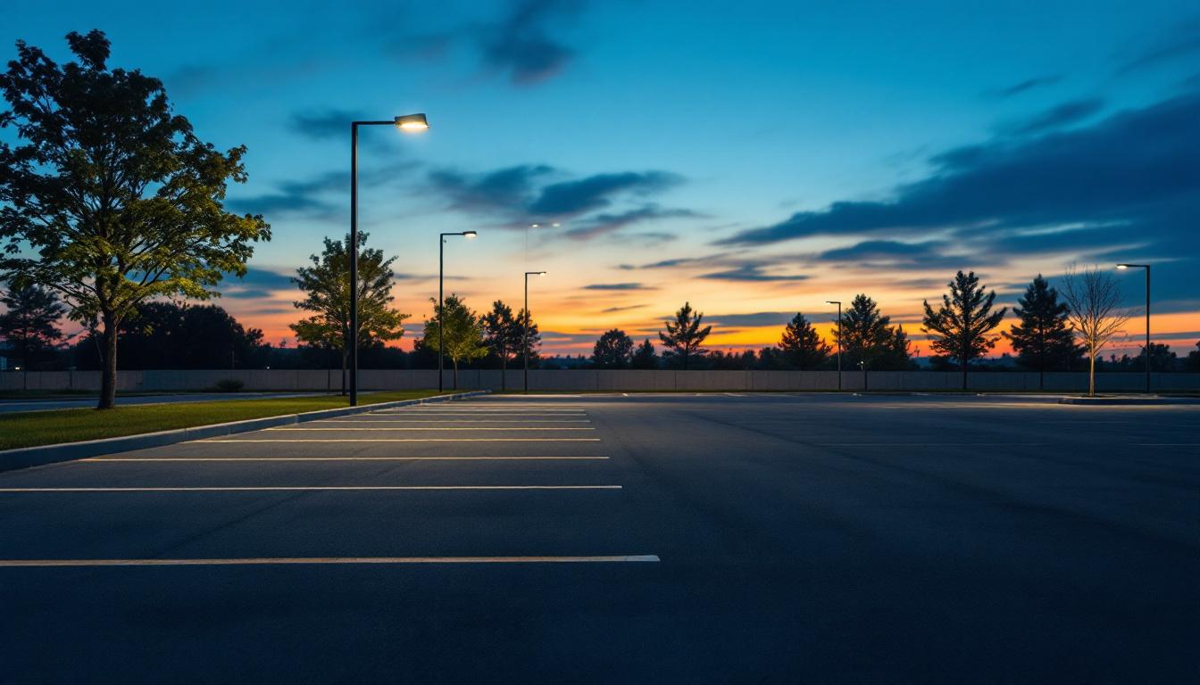 A photograph of a well-lit parking lot at dusk