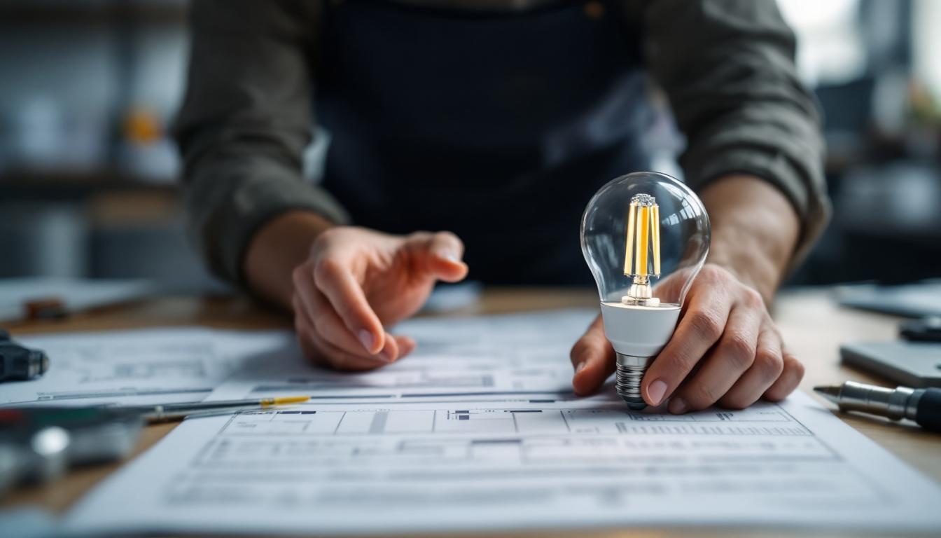 A photograph of a professional engineer examining a cfl light bulb alongside a modern led bulb