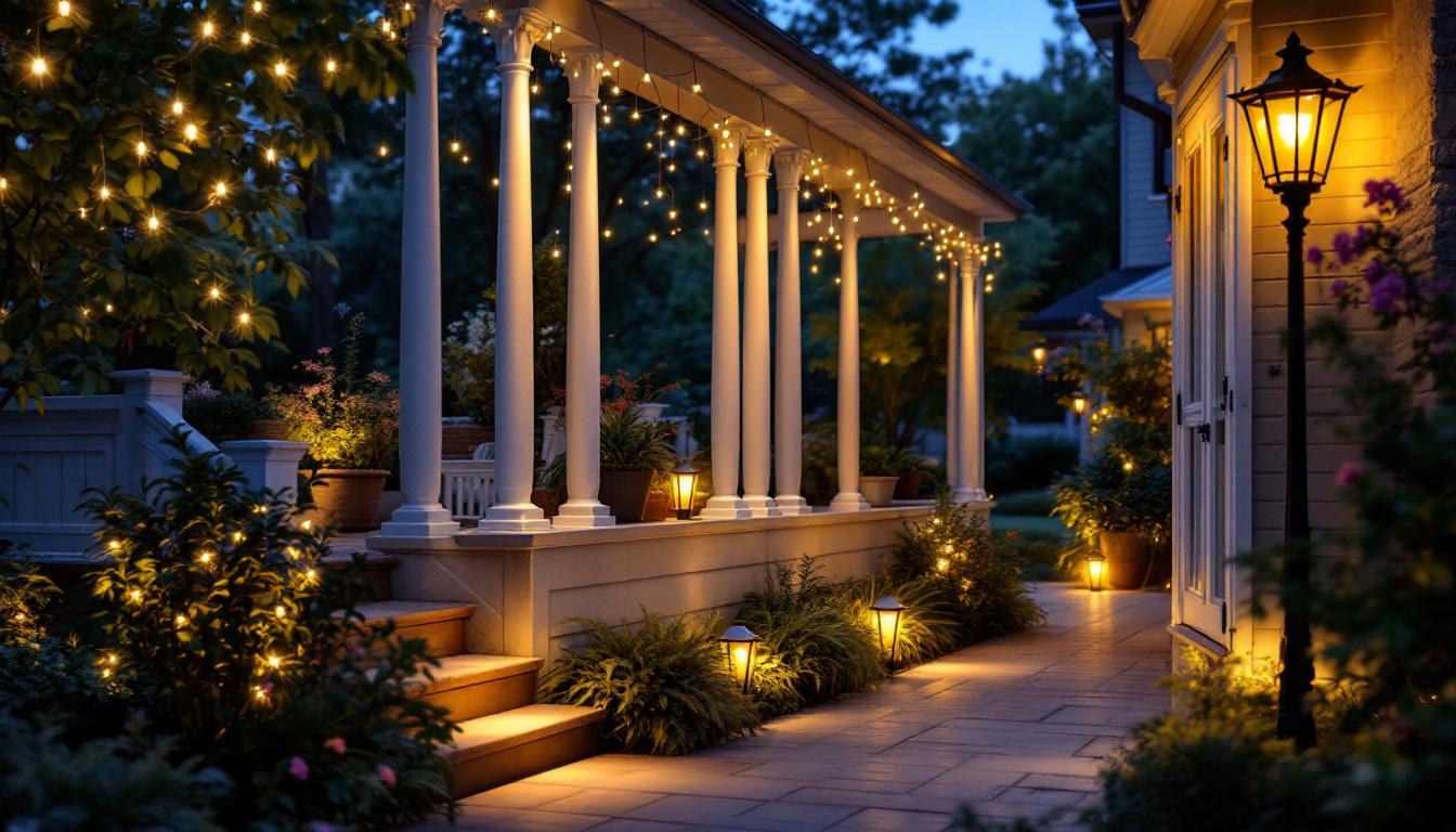 A photograph of a beautifully lit outdoor porch featuring a variety of stylish solar porch lights in use during dusk