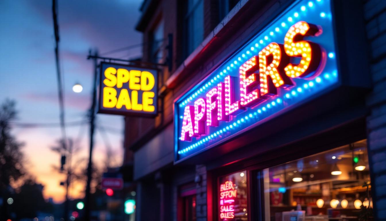 A photograph of a vibrant led sign illuminating a storefront at dusk