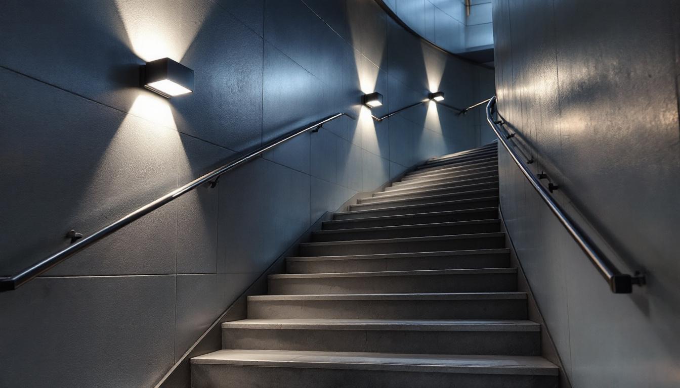 A photograph of a well-lit stairwell featuring stylish wall-mounted led lights