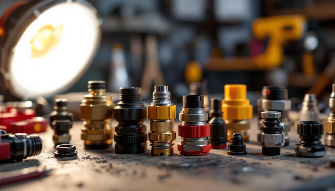 A photograph of a close-up shot of various waterproof connectors arranged on a workbench