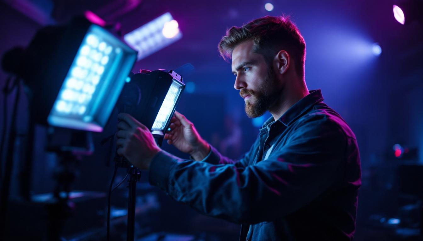 A photograph of a lighting engineer at work