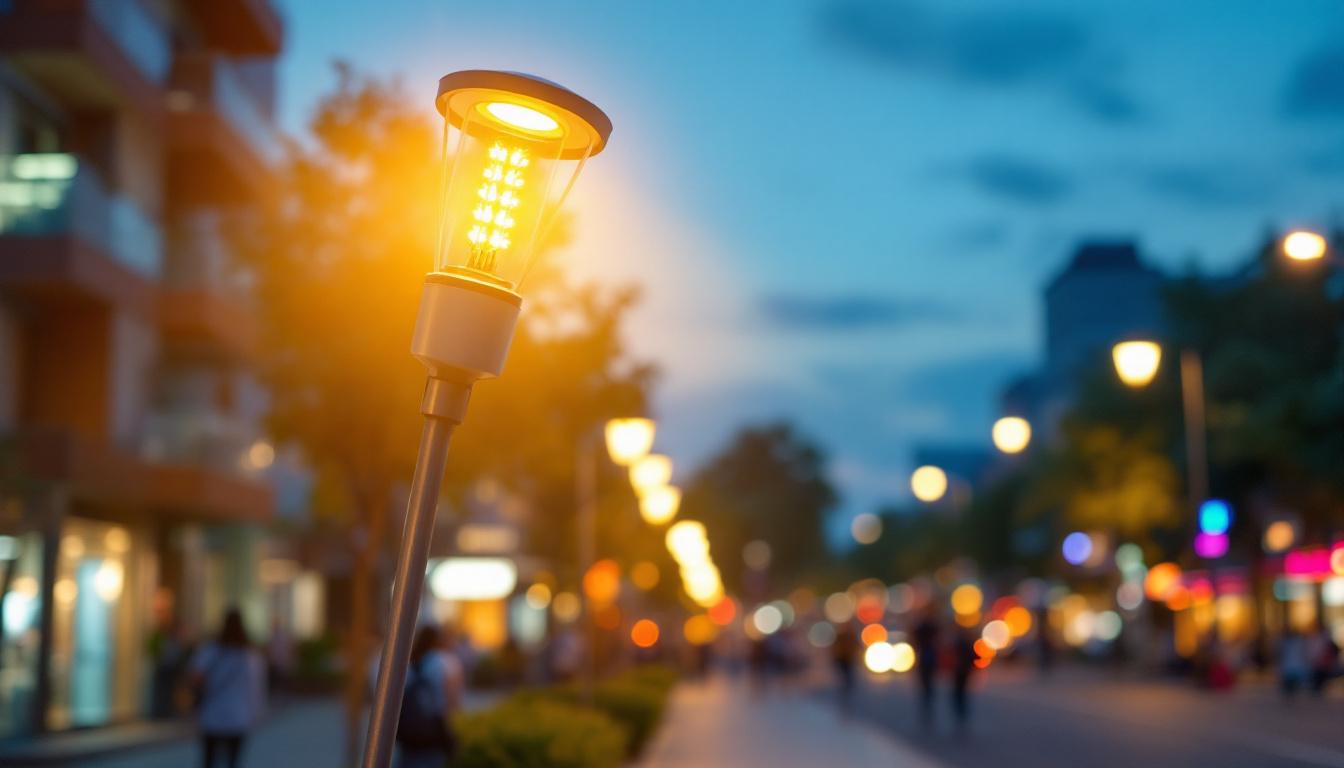 A photograph of a modern led street light illuminating a vibrant urban scene at dusk