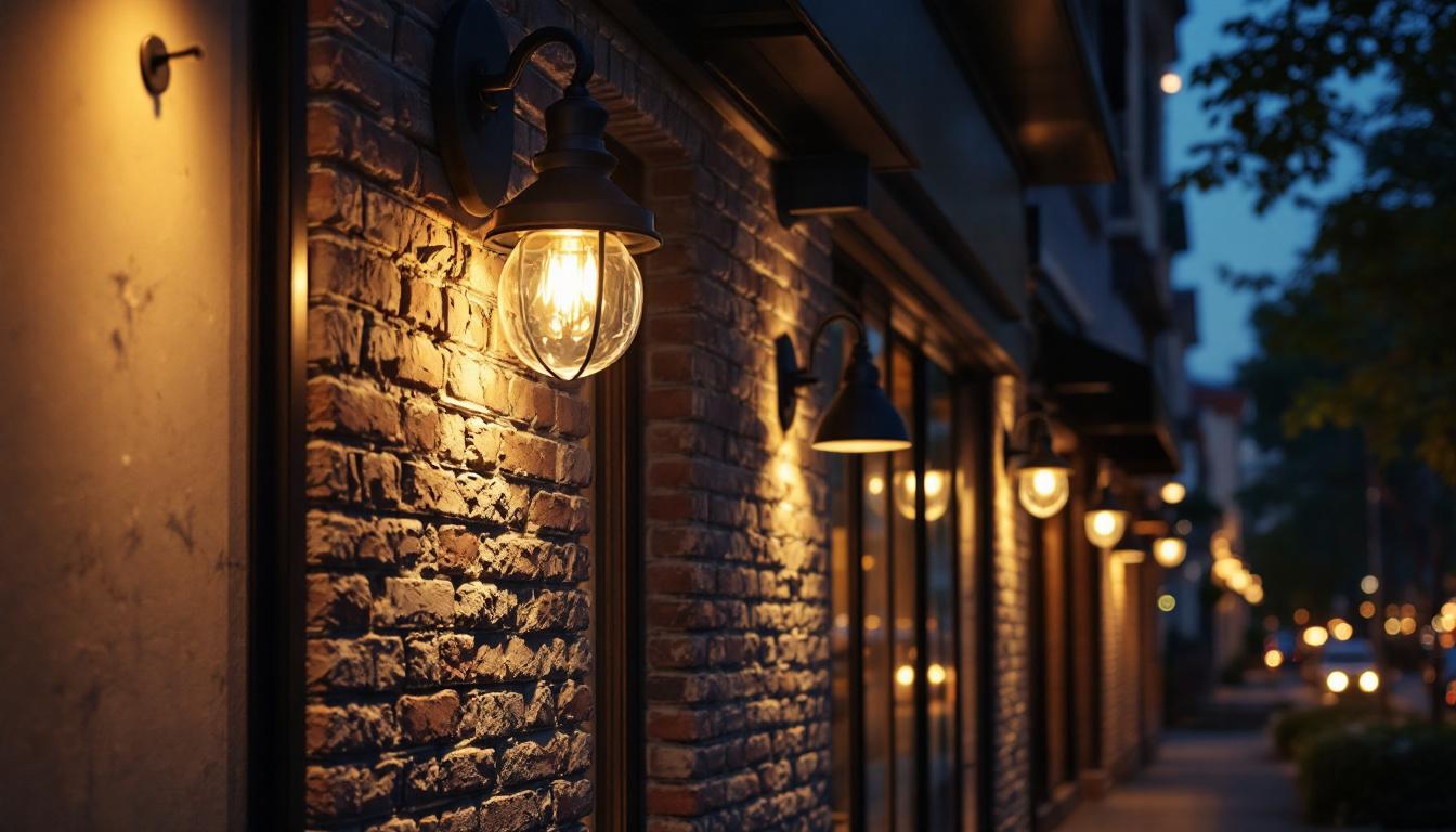 A photograph of capture a photograph of a well-lit commercial exterior showcasing various types of light fixtures in use