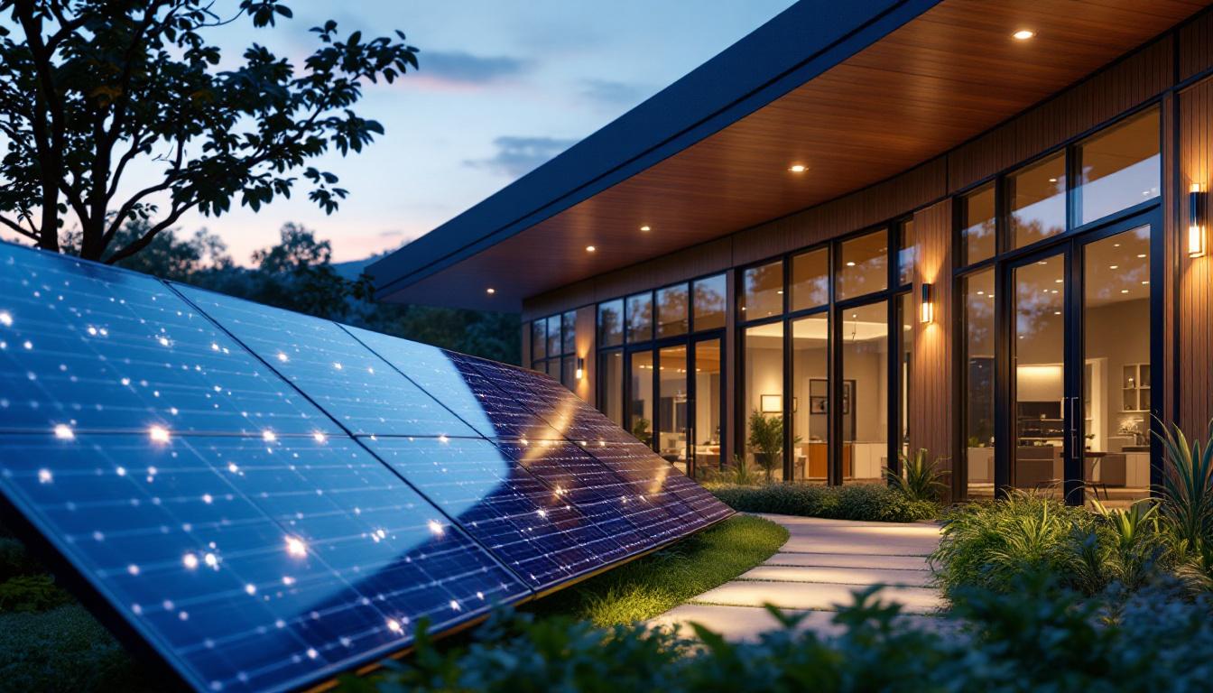 A photograph of a modern commercial solar lighting installation in an outdoor setting