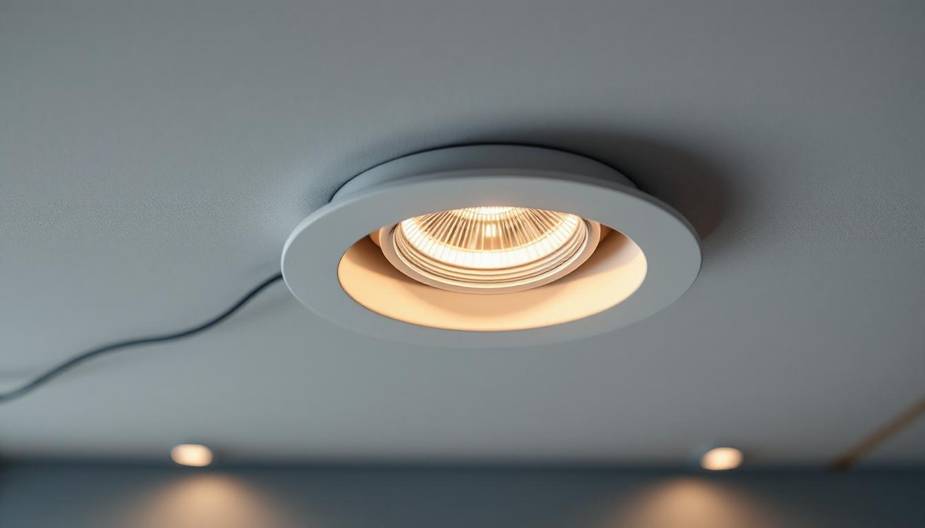 A photograph of a close-up shot of a well-installed 5-inch pot light in a modern ceiling