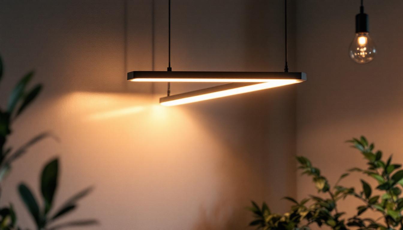 A photograph of a well-designed workspace featuring a hanging fluorescent light installation