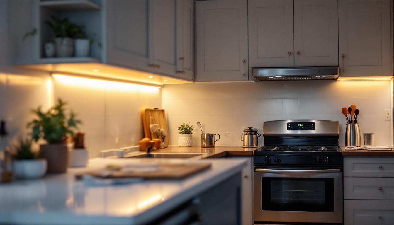 A photograph of a beautifully lit kitchen featuring sleek under cabinet lighting