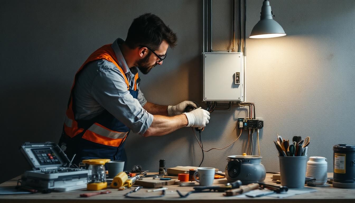 A photograph of a well-organized workspace featuring an electrical engineer installing an exterior light fixture