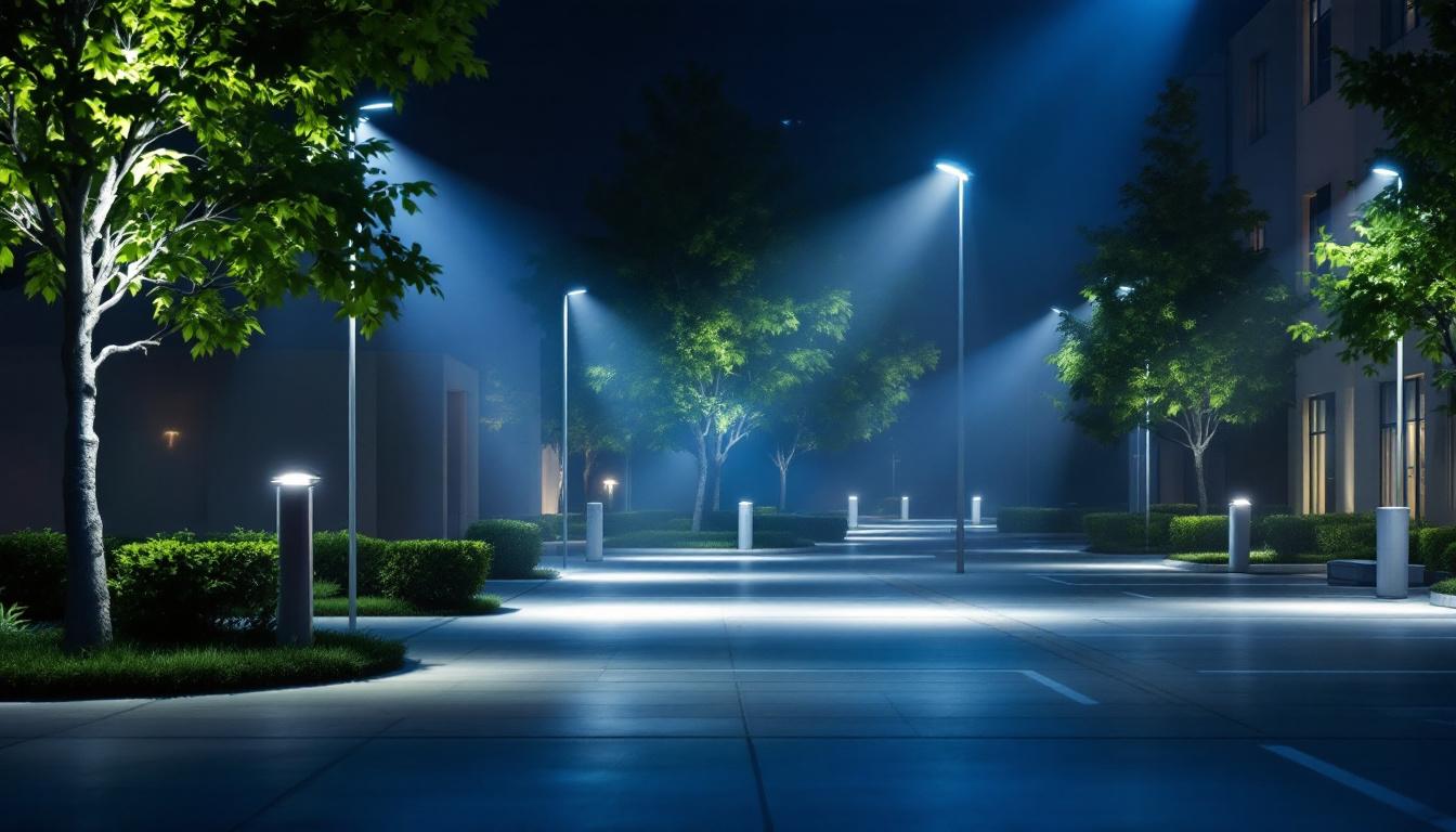 A photograph of a well-lit outdoor space showcasing various commercial flood lights in action