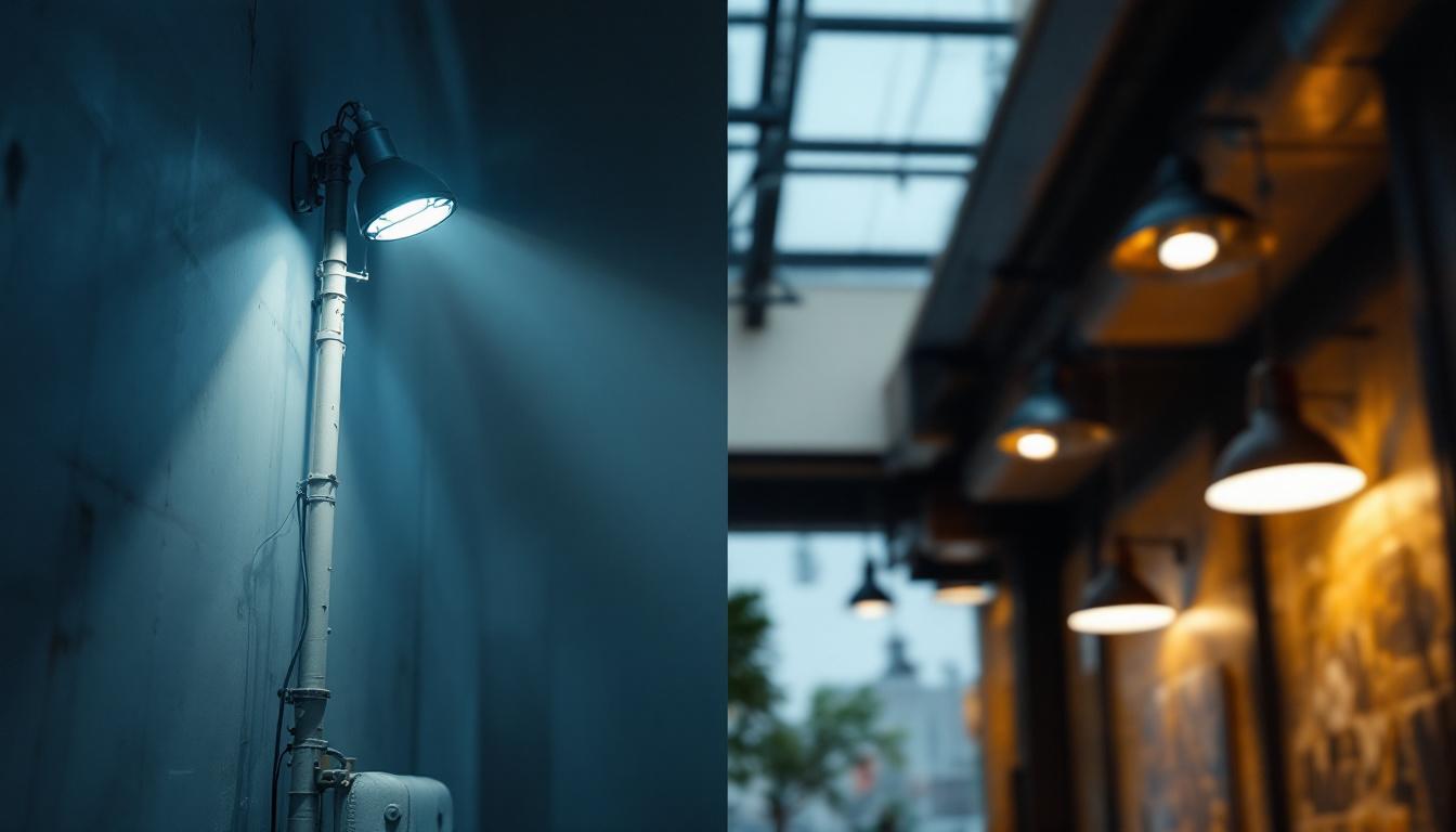 A photograph of capture a photograph of a contrasting scene showcasing both industrial and commercial lighting designs