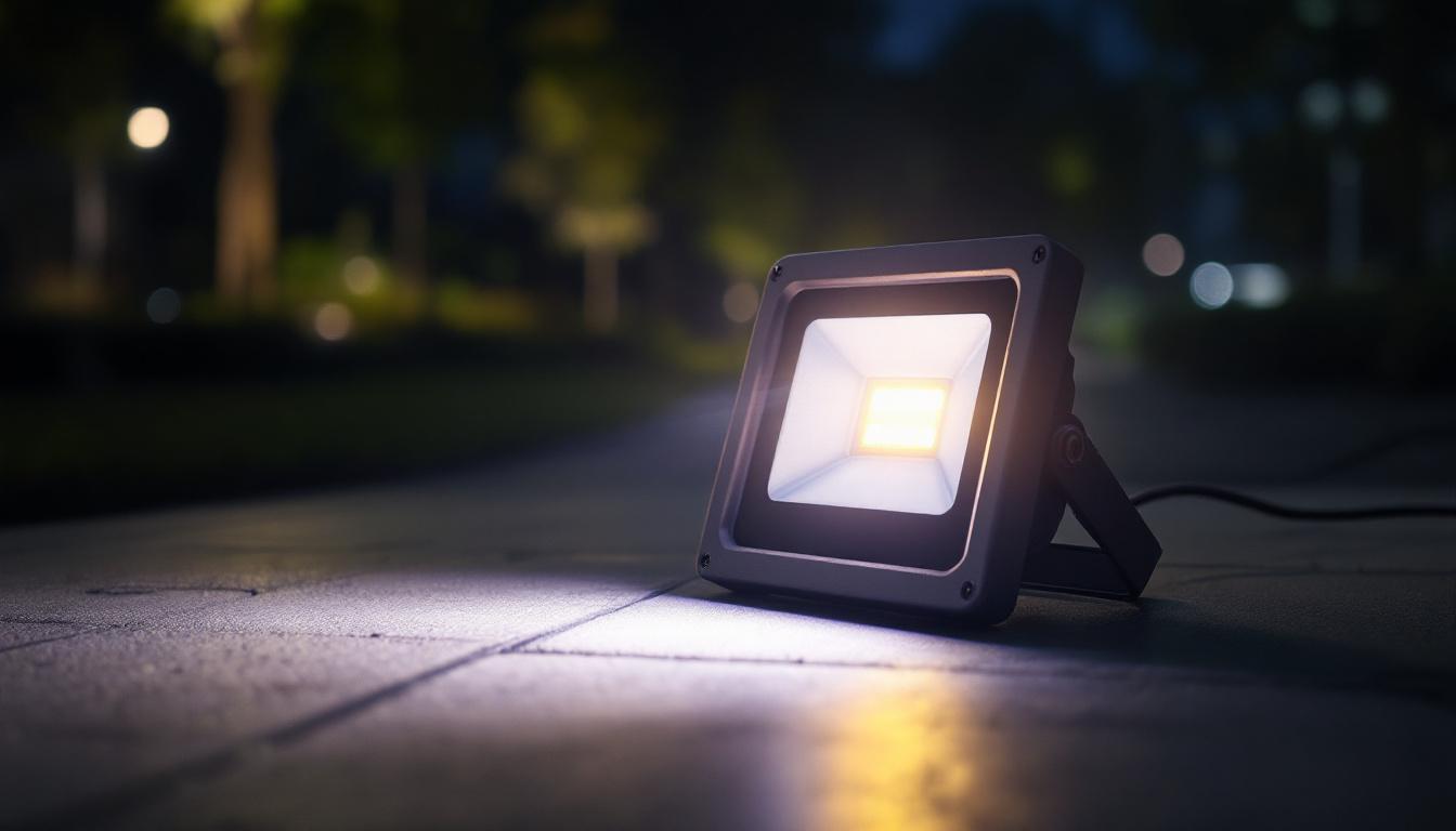 A photograph of a small led flood light illuminating a well-lit outdoor space