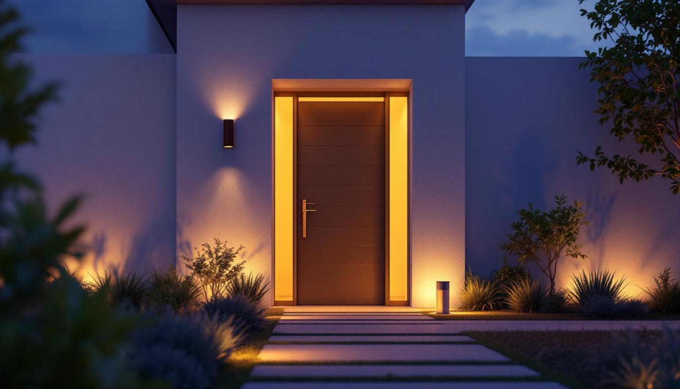 A photograph of a beautifully illuminated outdoor entrance featuring stylish solar door lights