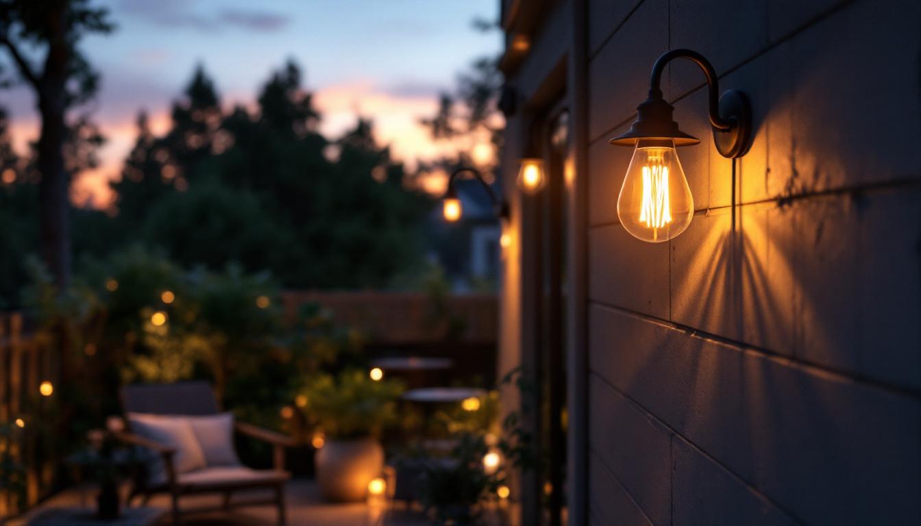 A photograph of a stylish gooseneck barn lamp illuminating a cozy outdoor space at dusk