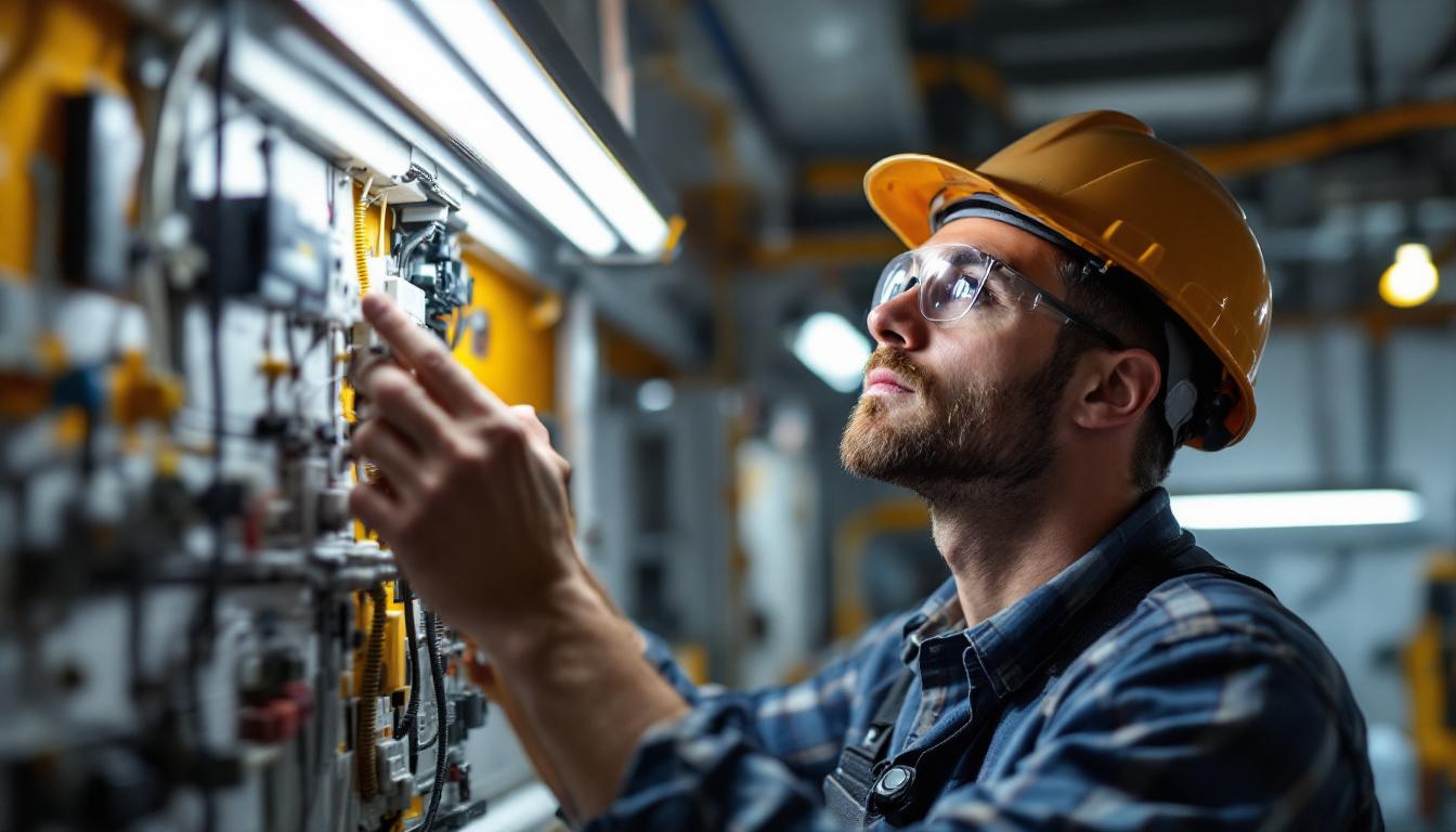 A photograph of a skilled electrical engineer examining a t12 fluorescent light fixture being replaced with an led equivalent