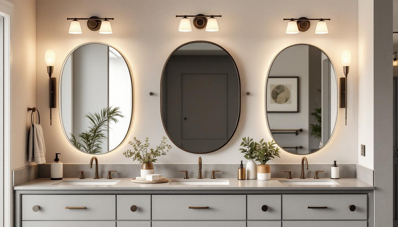 A photograph of a beautifully arranged display of various stylish yet affordable vanity light fixtures in a well-lit bathroom setting