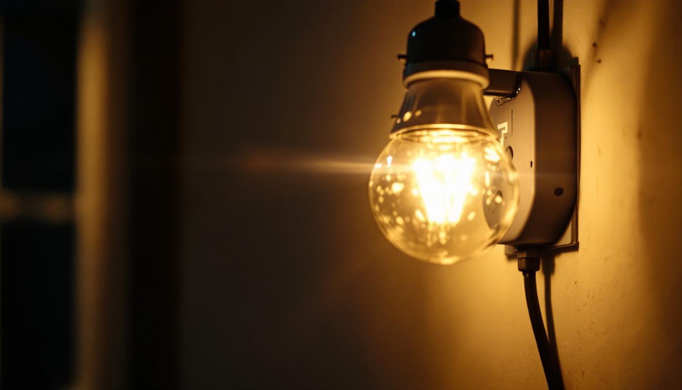 A photograph of a close-up of a type t led bulb illuminated in a home setting