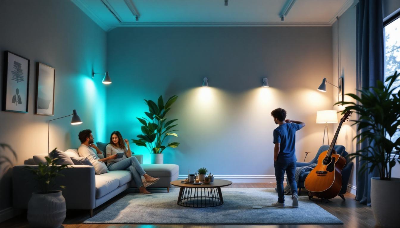 A photograph of a modern room featuring energy-efficient lighting fixtures equipped with occupancy sensors