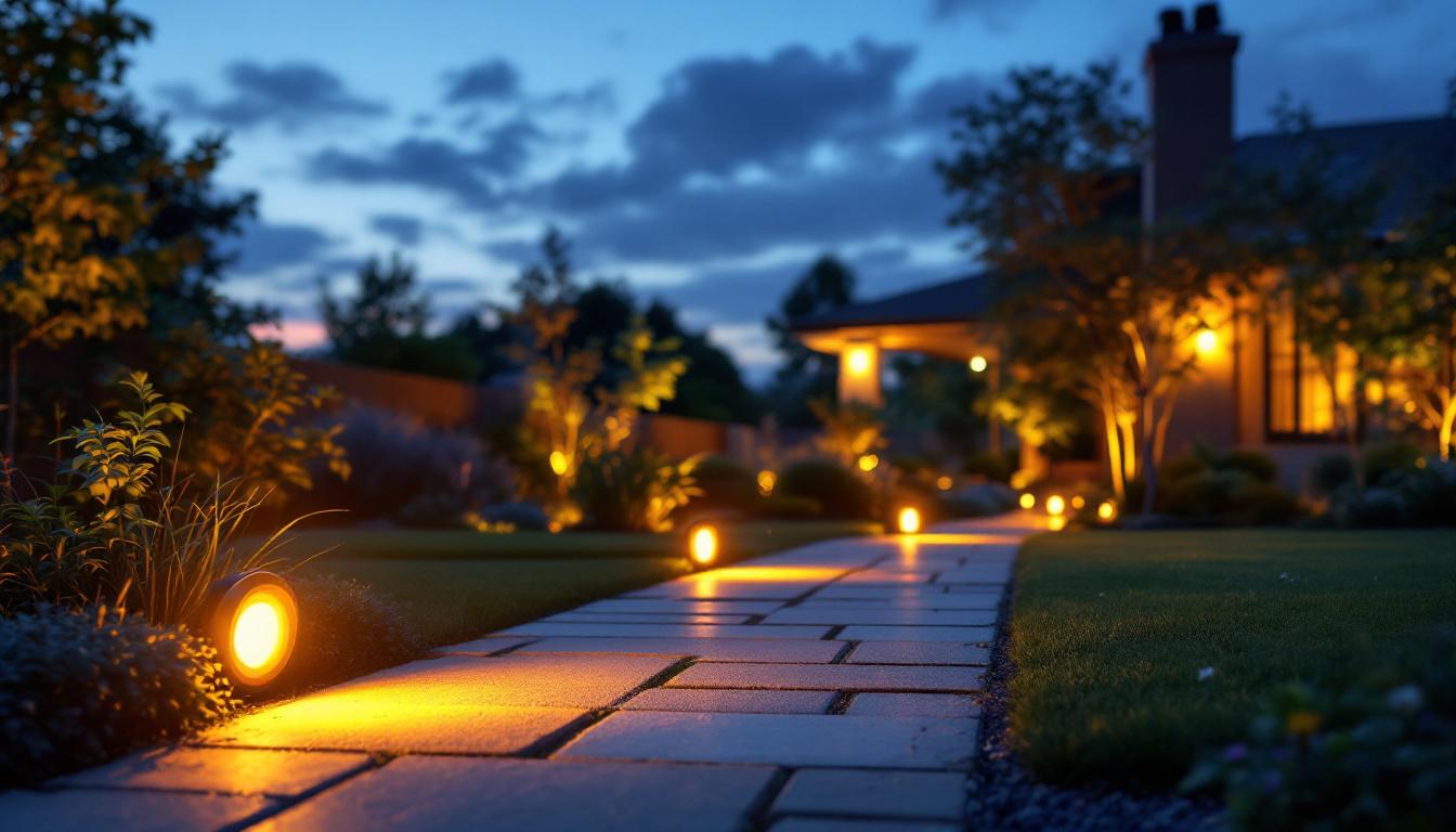 A photograph of a beautifully illuminated outdoor space featuring solar led downlights in action