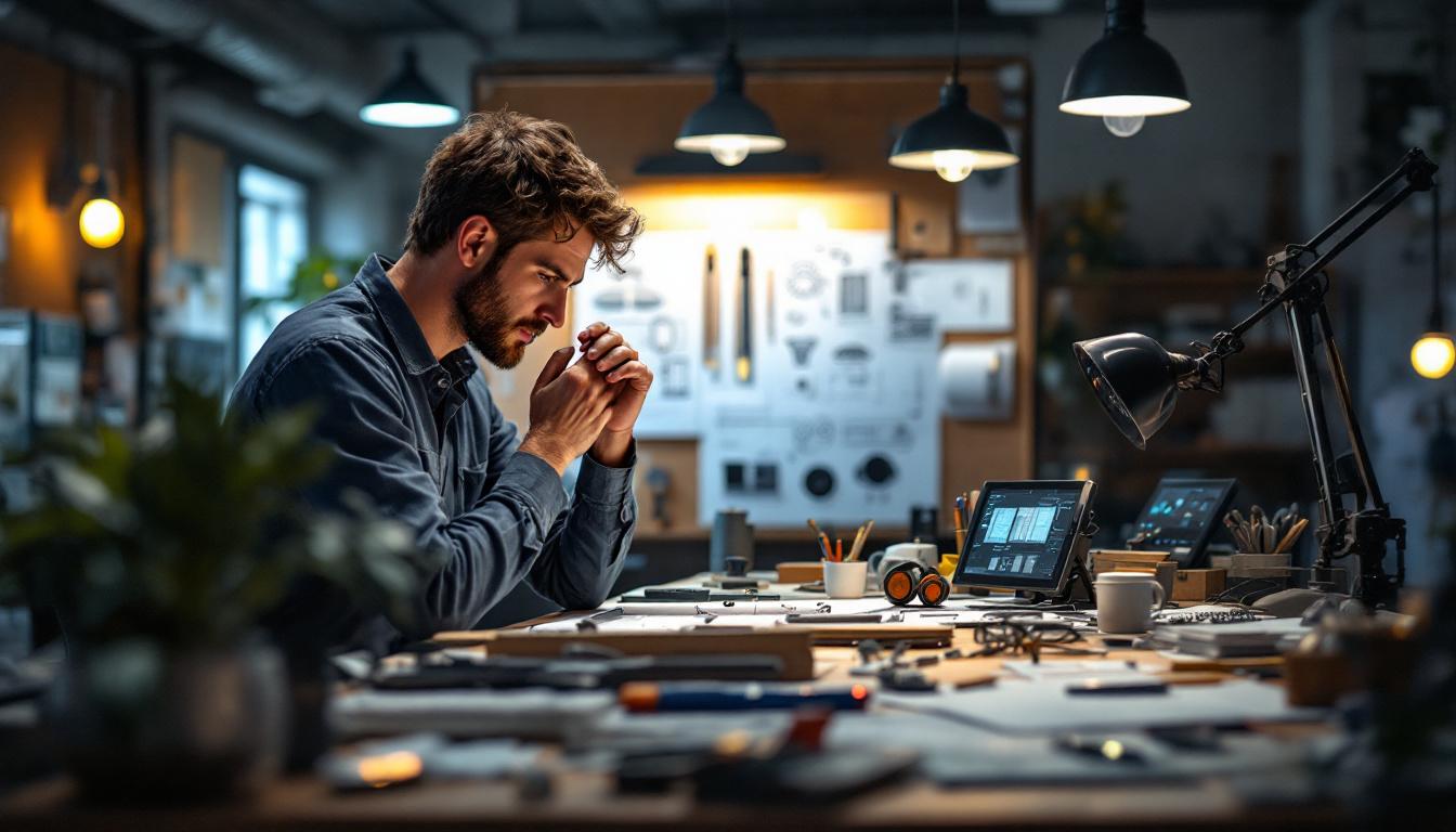 A photograph of a well-lit workspace where an electrical engineer is examining various lighting designs and fixtures