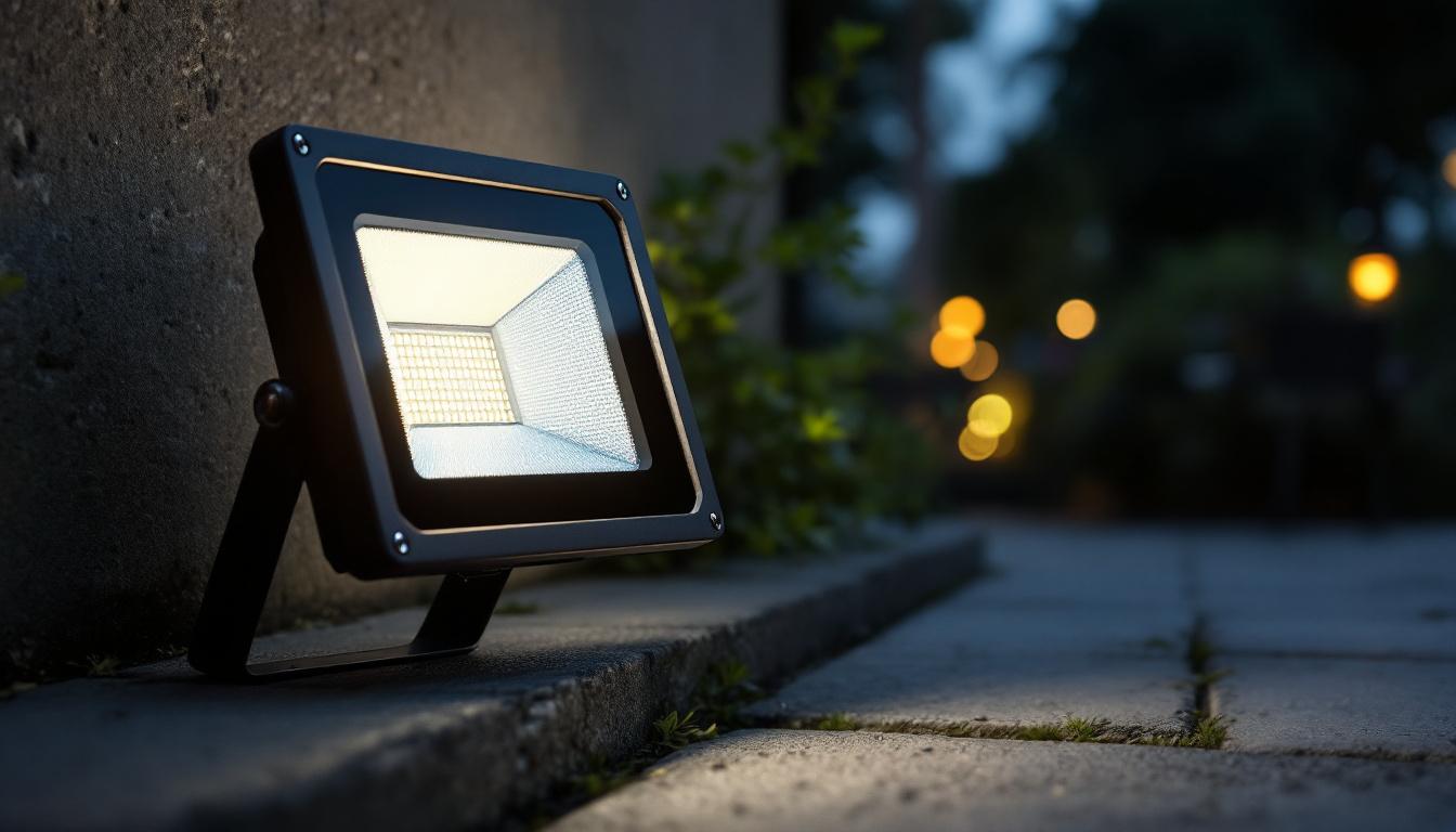 A photograph of a small flood light illuminating an outdoor space