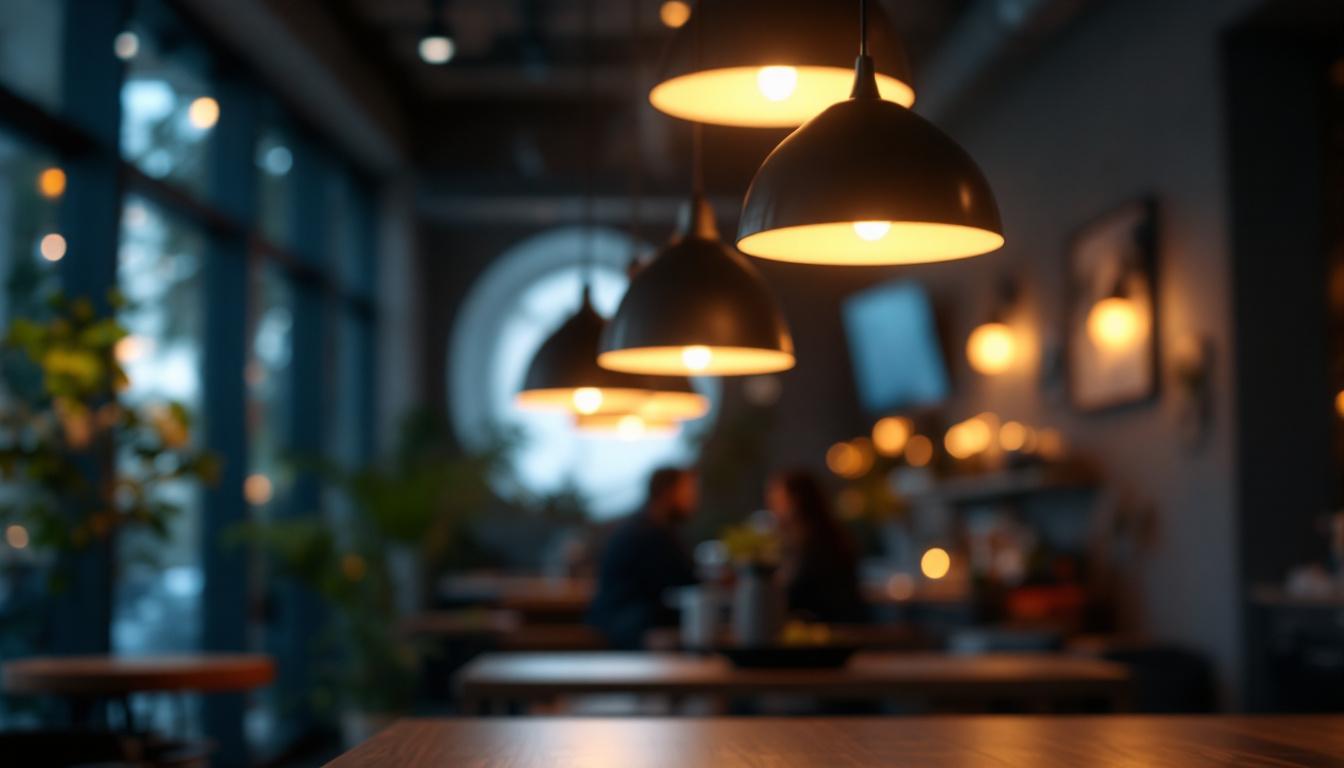 A photograph of a stylish commercial space illuminated by sleek led pendant lights