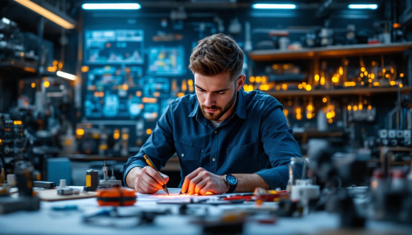 A photograph of a modern electrical engineer working on innovative plug and switch designs in a high-tech workshop