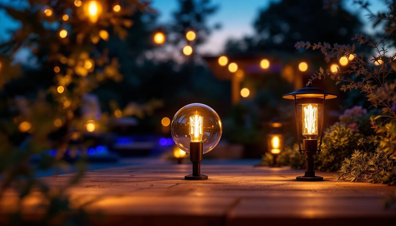 A photograph of a beautifully illuminated outdoor space featuring various halogen lighting fixtures