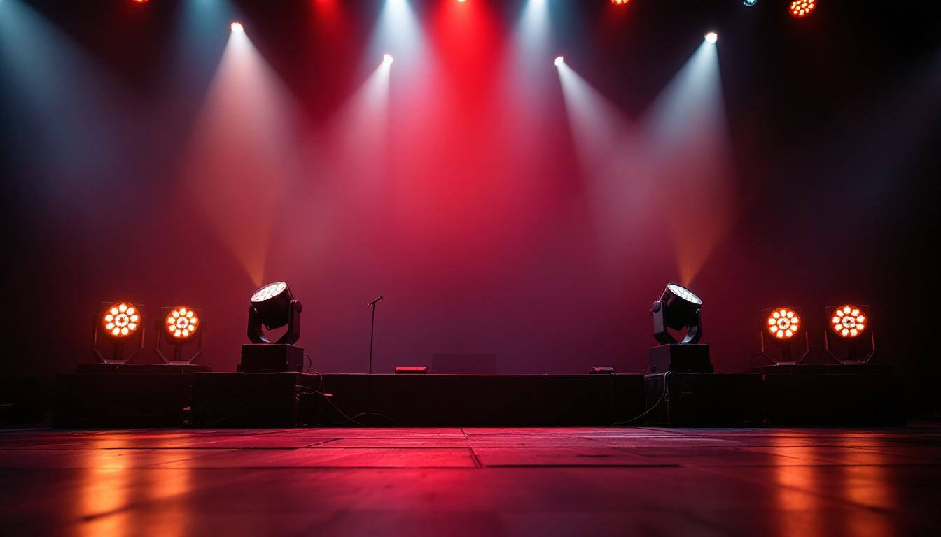 A photograph of a well-lit stage setup featuring various hi-hat lights in action