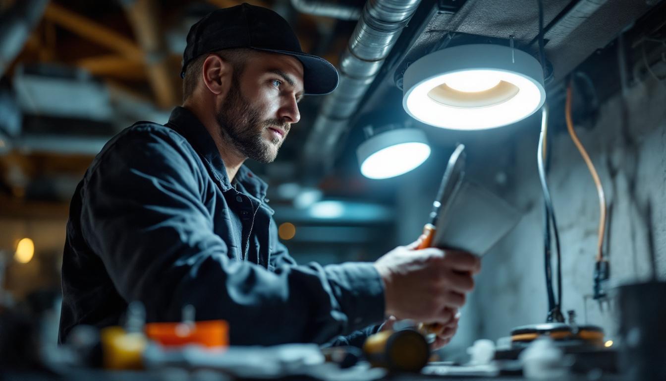 A photograph of a skilled electrical engineer examining a recessed light fixture installation