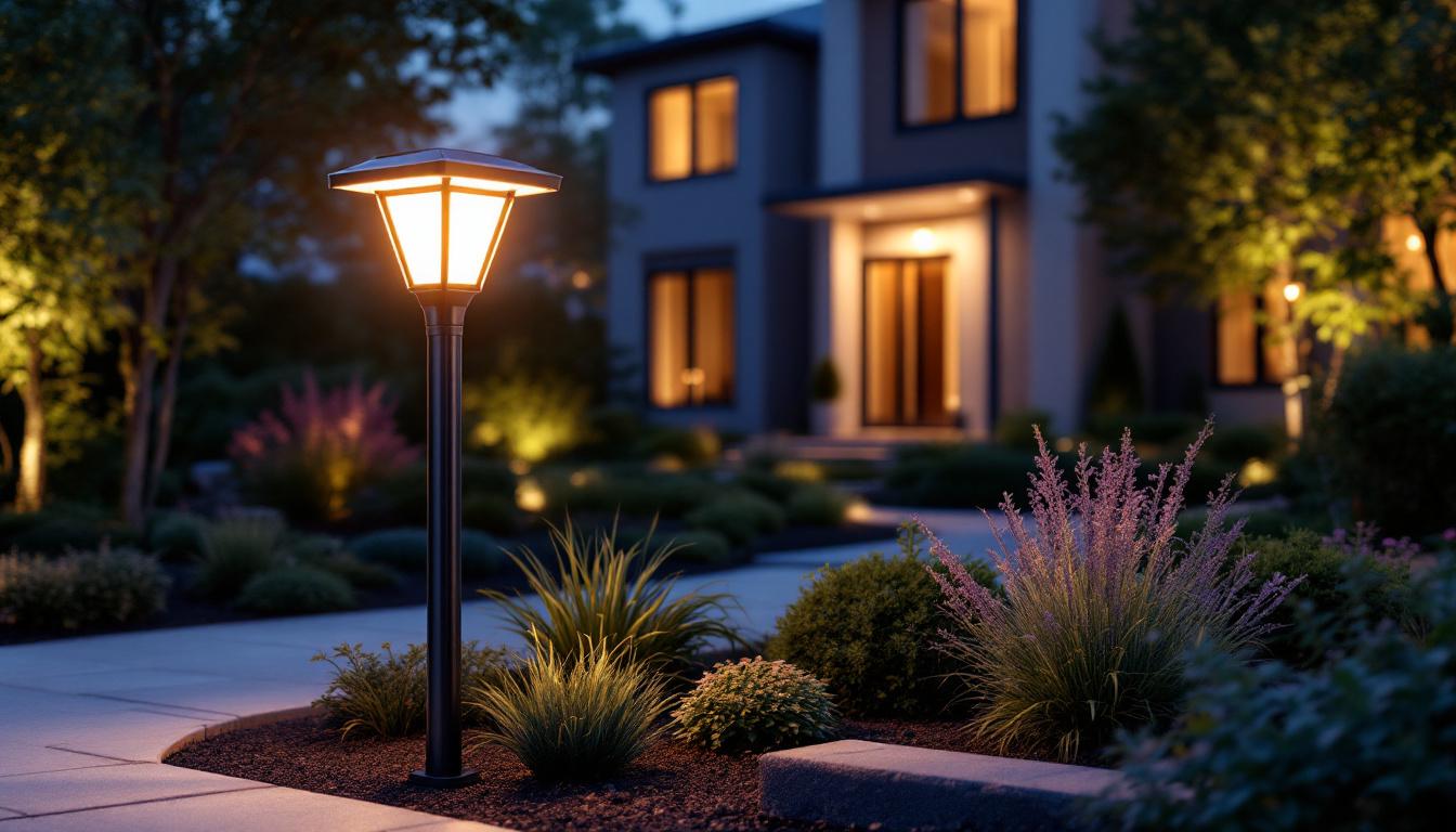 A photograph of a beautifully designed solar yard post lamp illuminated at dusk