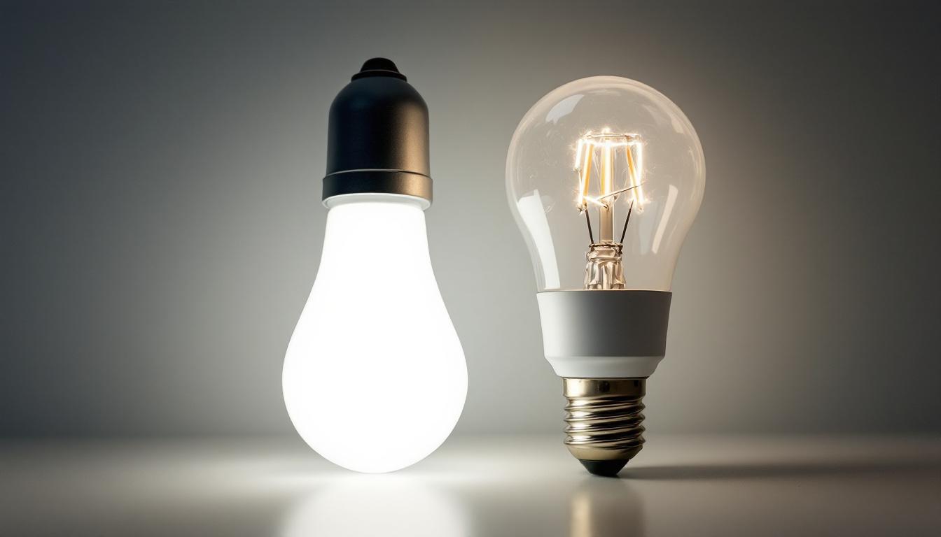 A photograph of a side-by-side comparison of a fluorescent light bulb and an led bulb