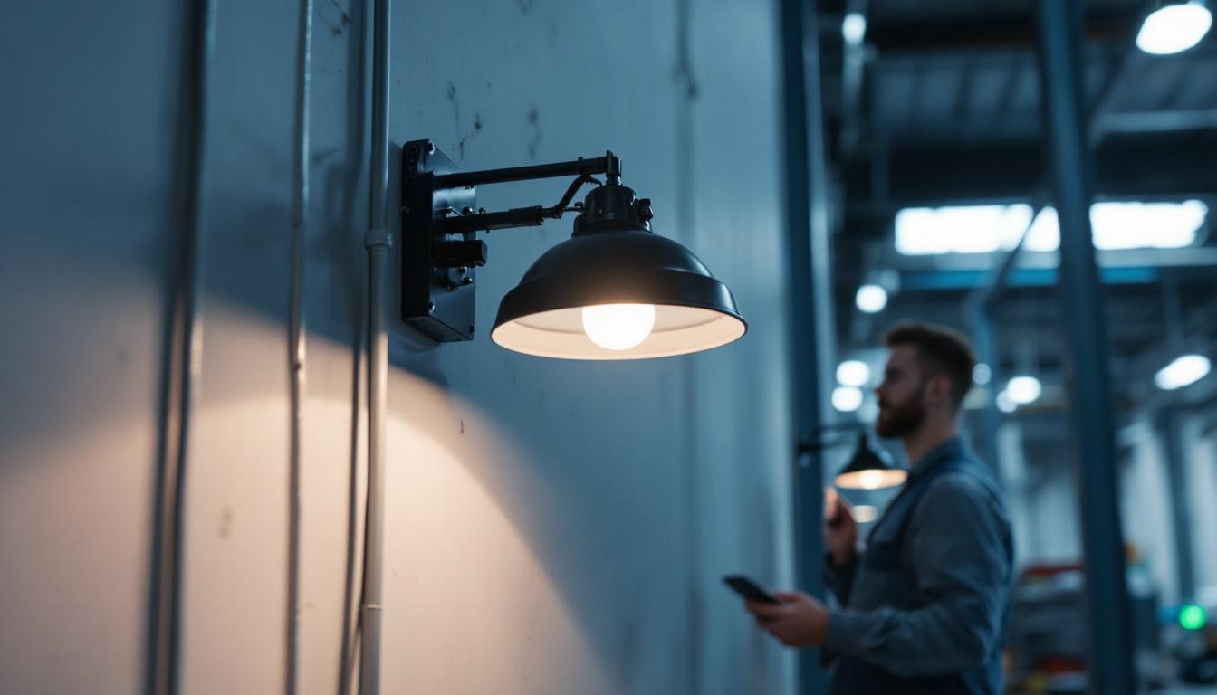 A photograph of a wall-mounted work light in an industrial setting