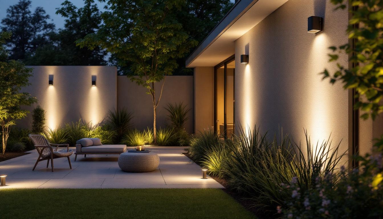 A photograph of a well-designed outdoor space featuring various types of motion-activated lighting in action