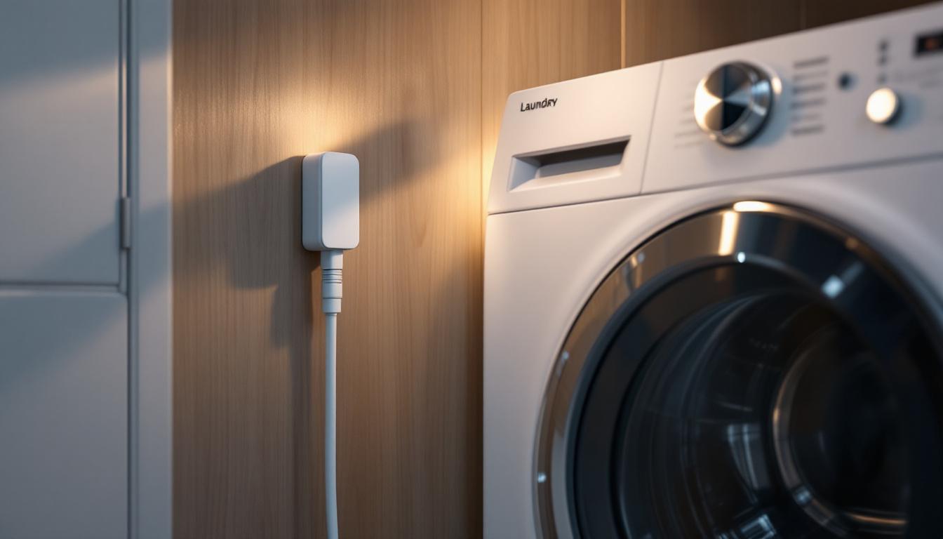 A photograph of a modern laundry room featuring a stylish washer and dryer setup