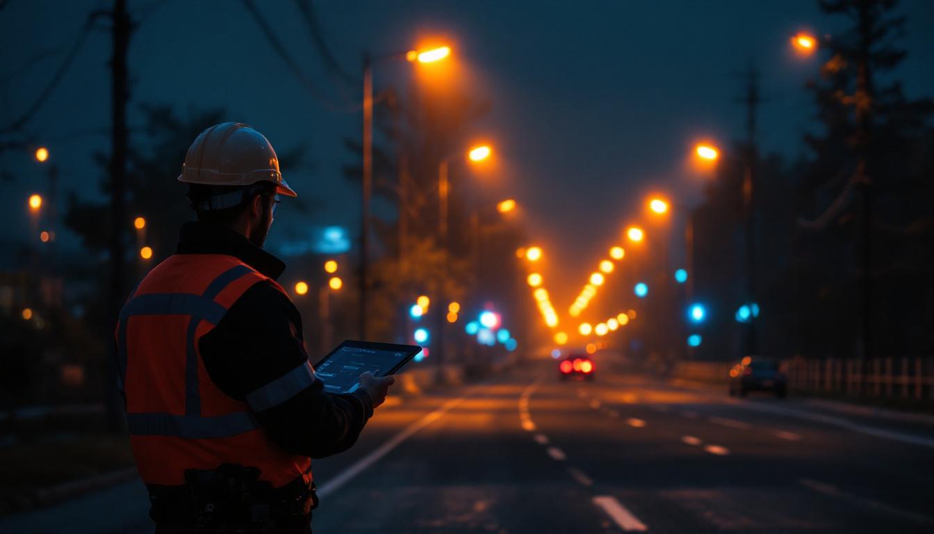 A photograph of a well-lit street scene showcasing modern led street lights illuminating the road