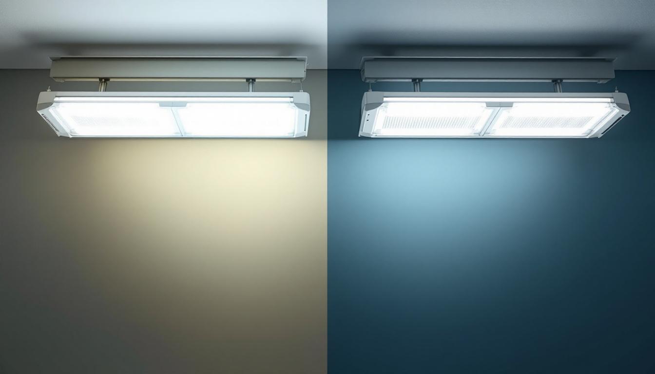 A photograph of a side-by-side comparison of a fluorescent light fixture and an led light fixture in a well-lit room