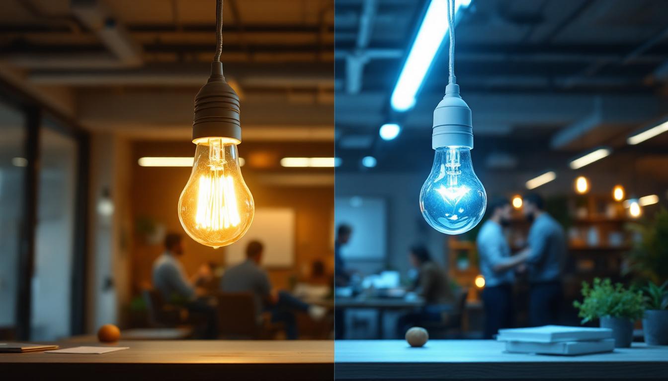 A photograph of a side-by-side comparison of a fluorescent tube and an led bulb installed in a workspace