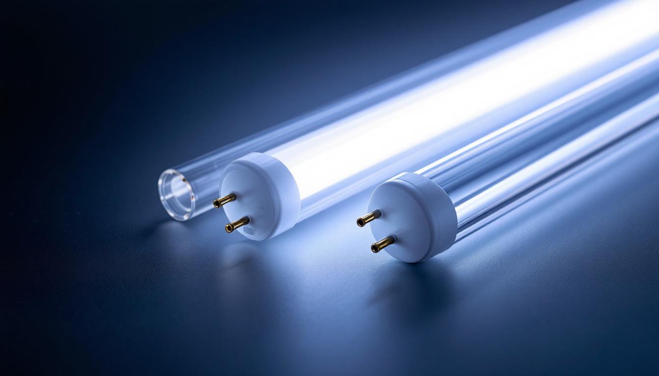 A photograph of a side-by-side comparison of t5 and t8 fluorescent light tubes