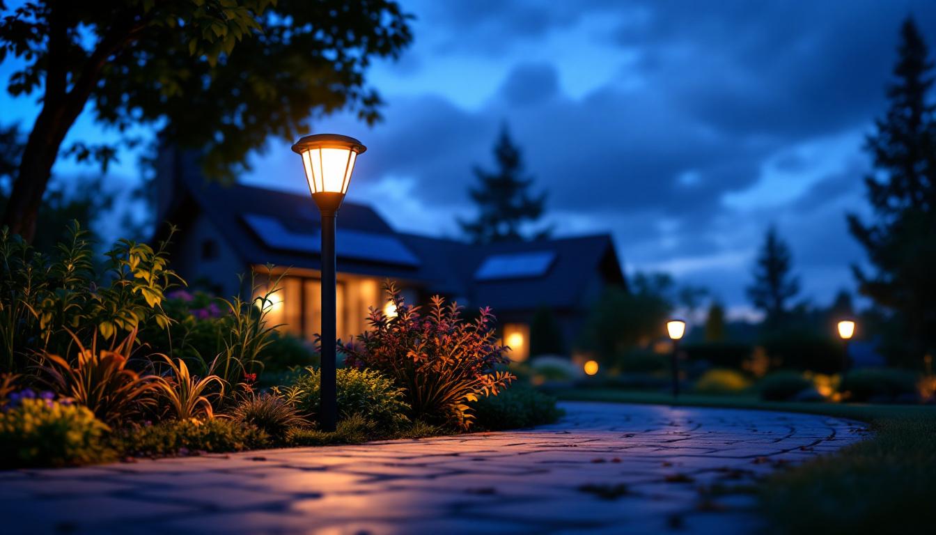 A photograph of a beautifully illuminated solar driveway light at dusk
