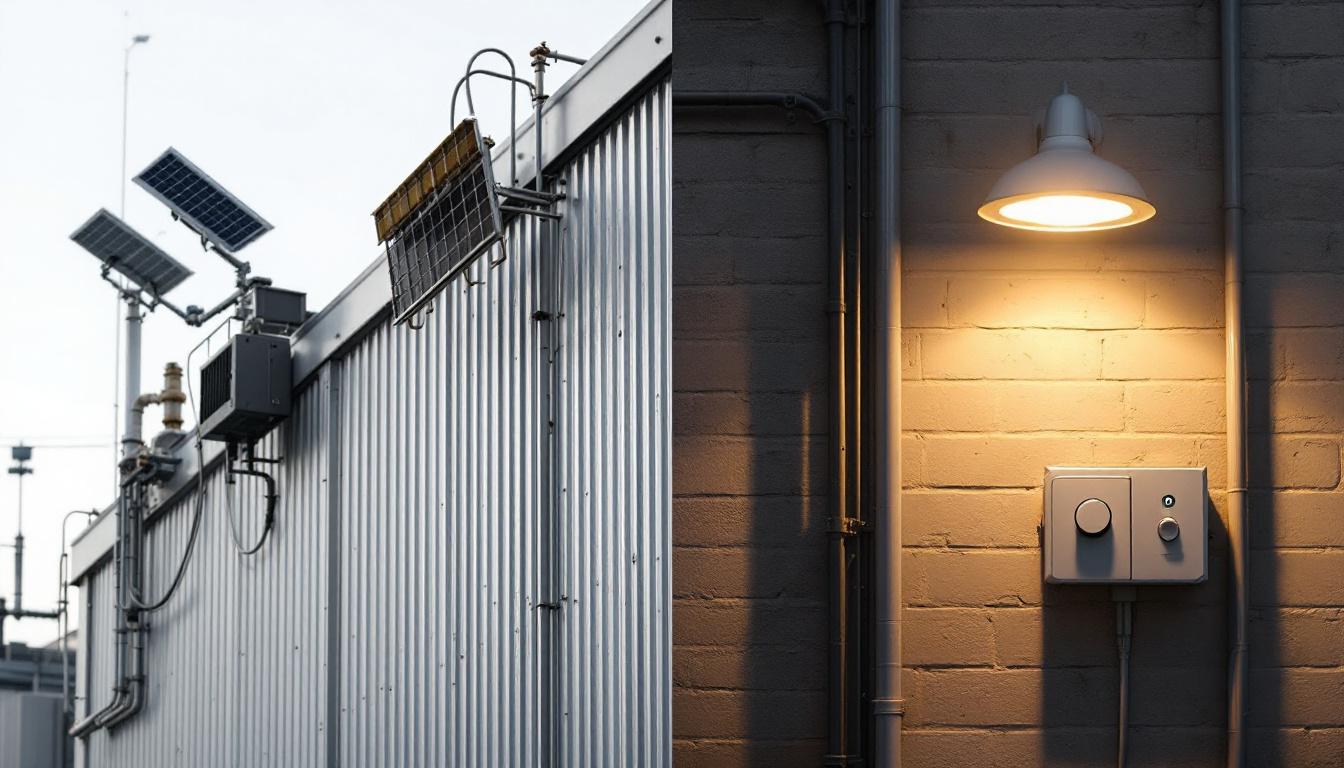 A photograph of a side-by-side comparison of industrial and commercial solar lighting setups