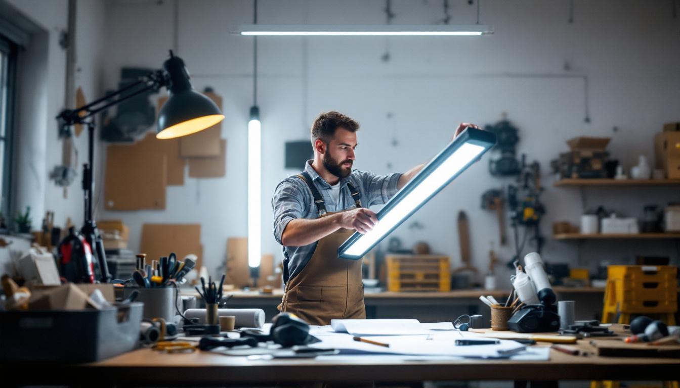A photograph of a well-lit workspace featuring an electrical engineer examining a 4-foot led light fixture