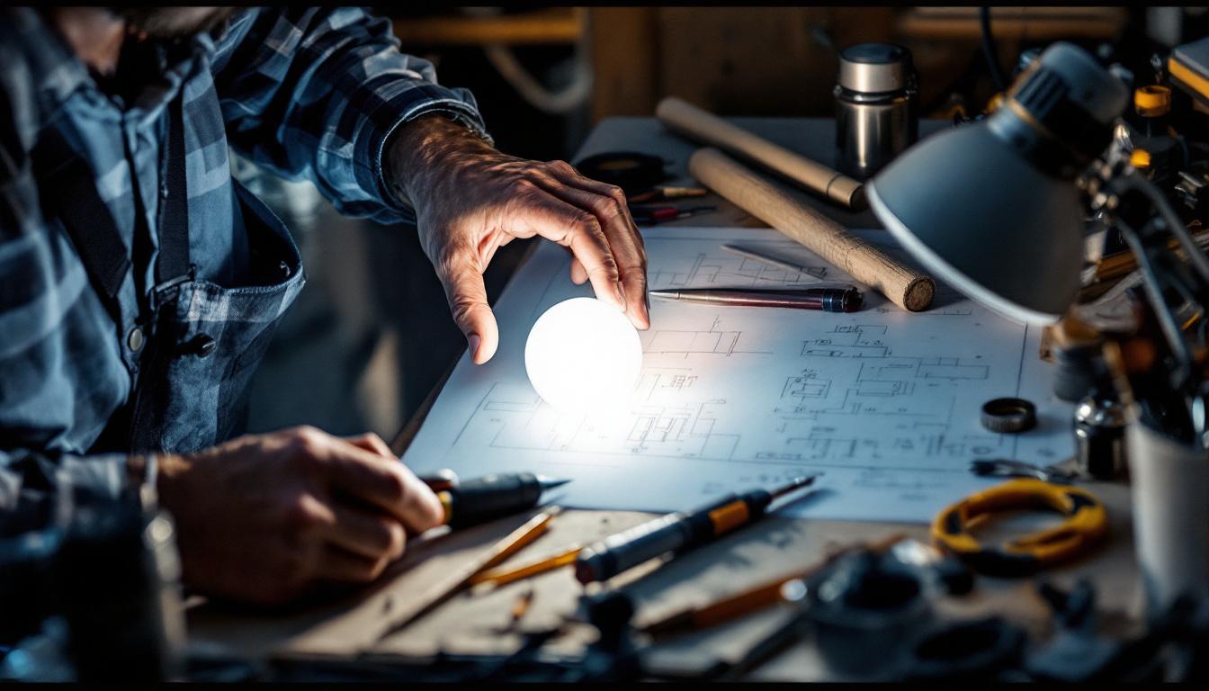 A photograph of a skilled electrical engineer meticulously designing a lighting fixture