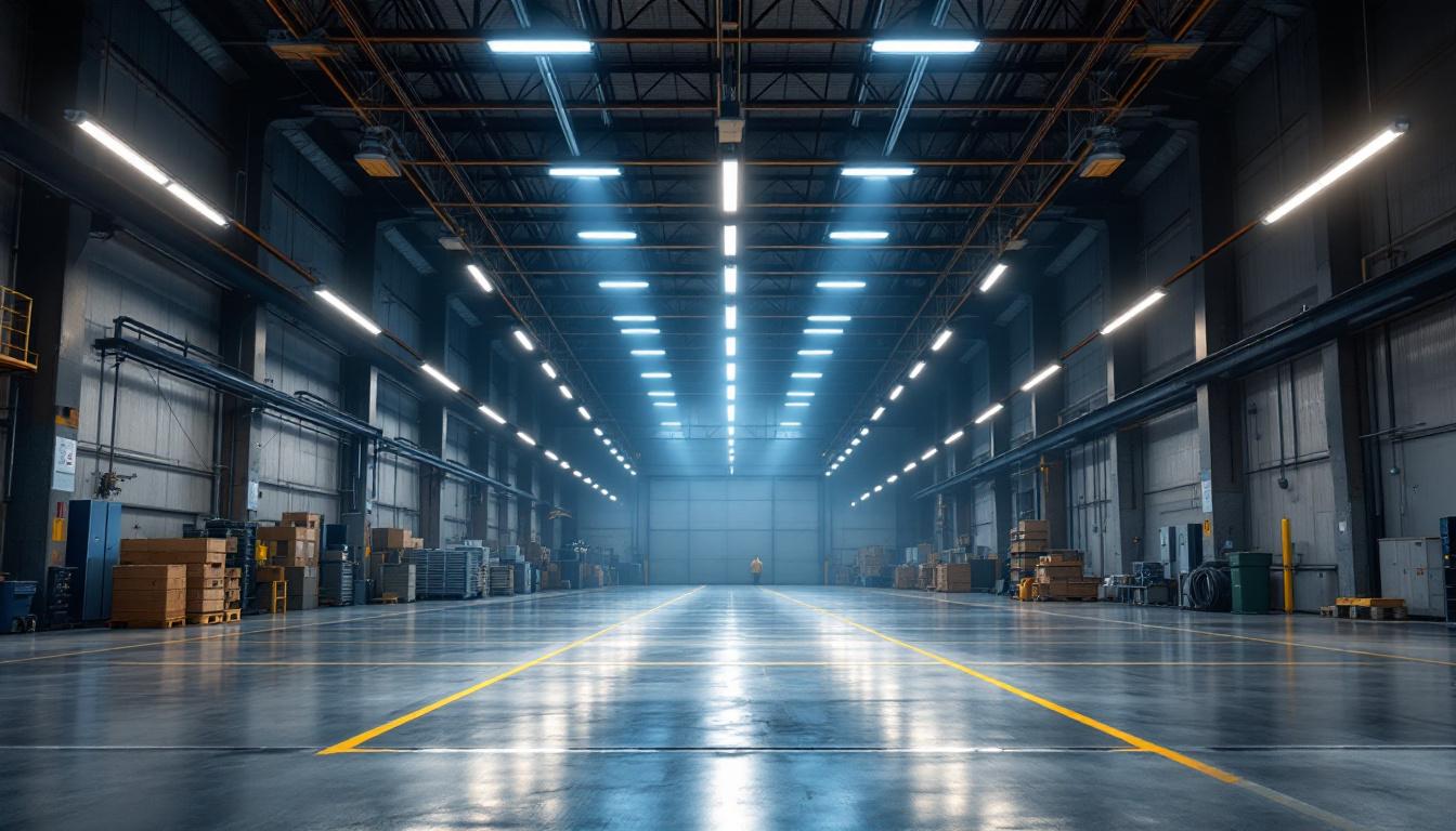 A photograph of a well-lit industrial space featuring linear led high bay lights