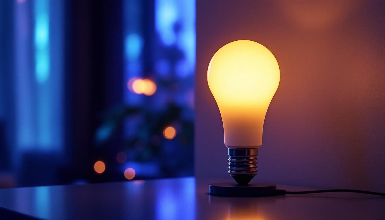A photograph of a modern b lamp bulb illuminated in a stylish setting