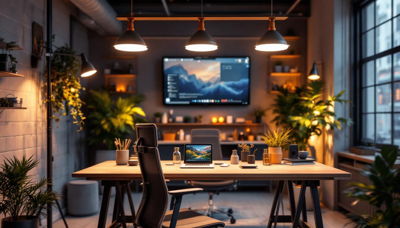 A photograph of a well-lit workspace featuring 2x2 led lights installed in a modern setting