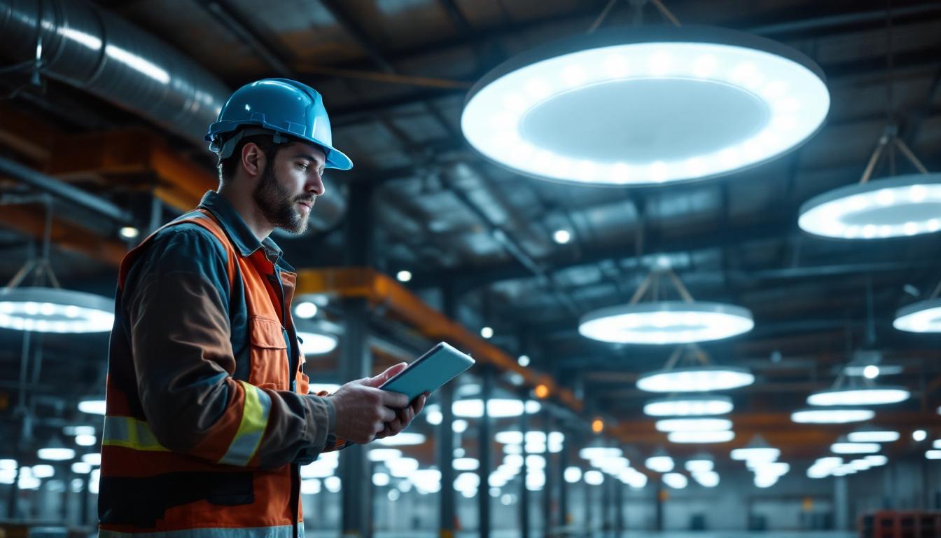 A photograph of a well-lit industrial space featuring high bay ufo led lights in action