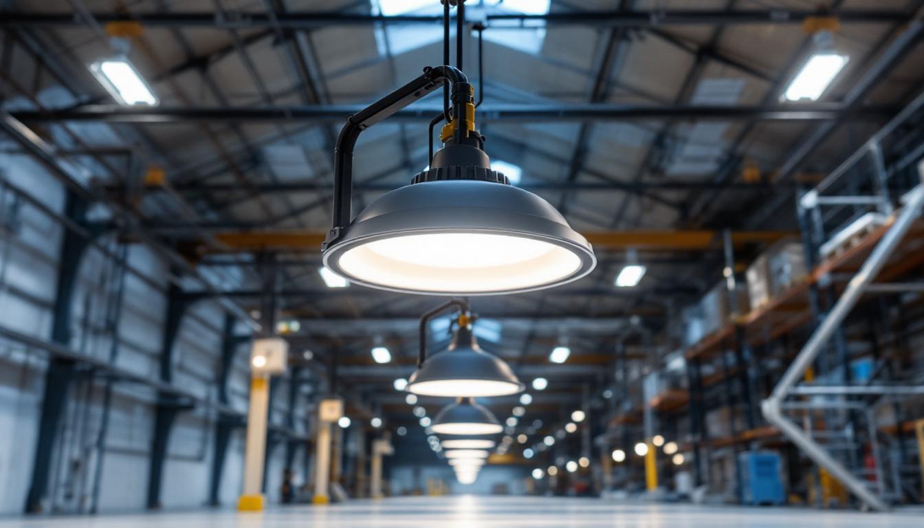 A photograph of a well-lit industrial space featuring led high bay lights in action