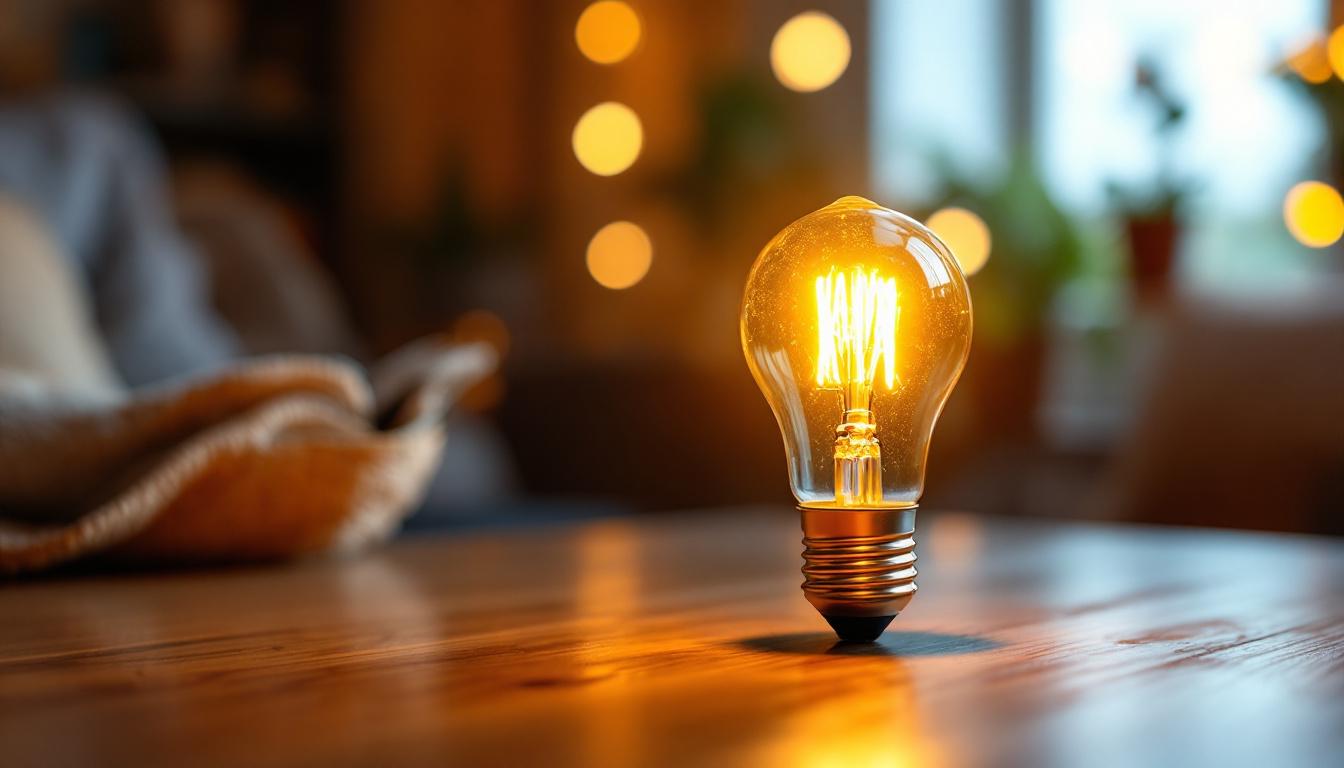 A photograph of a glowing 120v 10w light bulb in a cozy indoor setting